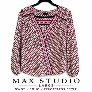 Max Studio Boho Peasant Blouse Large Burgundy Cream Geometric Print Split Neck